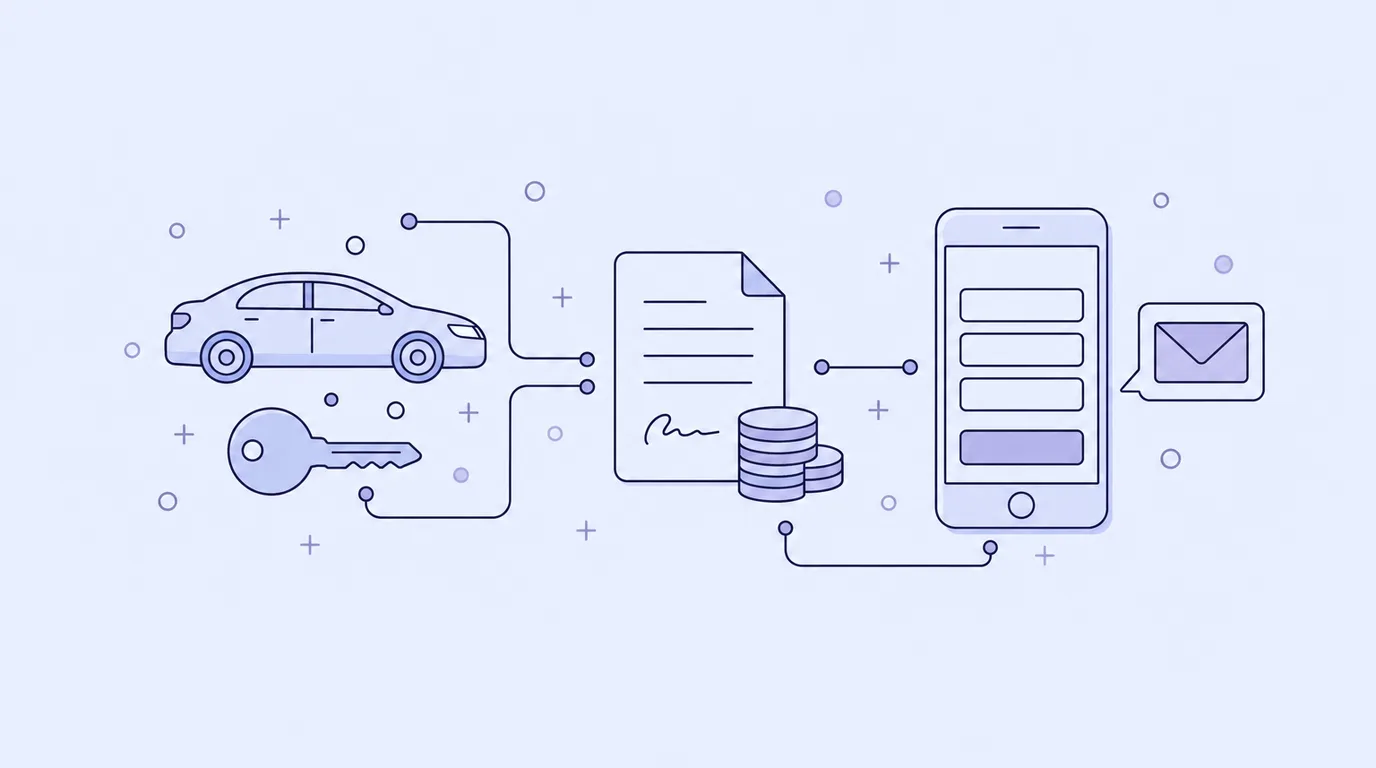 Line-art of a car and key connected to a loan document, a stack of coins and a phone enquiry form