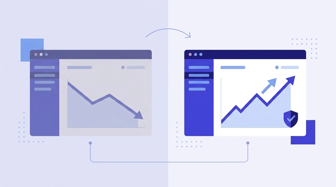 Two reporting dashboards side by side, a dull declining one giving way to a brighter rising one with a results guarantee shield