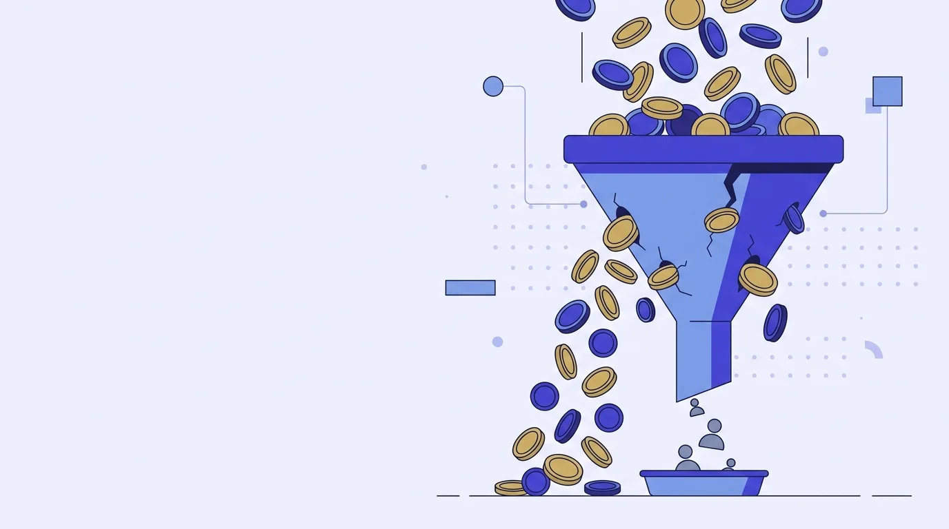 An overflowing ad-spend funnel leaking coins through cracks while only a trickle of leads reaches the tray below